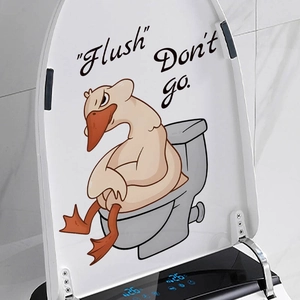 Funny angry duck toilet lid sticker featuring cartoon goose and Flush text