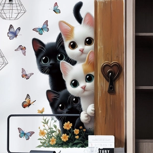 Cute cartoon cats wall stickers with colorful butterflies and flowers for home decor