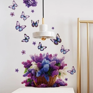 Adesivi murali eleganti cesto di fiori viola e farfalle in PVC per decoro soggiorno