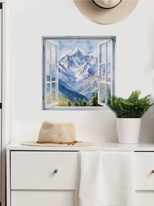 Detailed 3D wall sticker featuring a window view of snowy mountains and green pine forests
