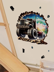 3D monster truck wall sticker breaking through wall with space city background for room decor