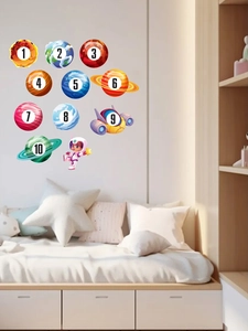 Detailed view of educational space wall decals with planets and numbers in a kids' room