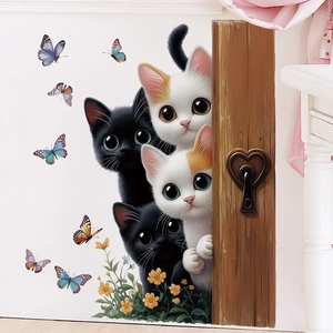Cute cartoon cats and colorful butterflies wall stickers for home room decoration