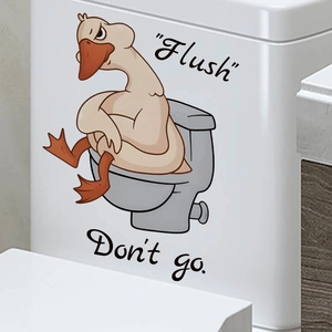 Funny self-adhesive PVC wall sticker featuring a cartoon goose on toilet with humor text