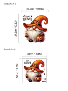 Detail view of Halloween gnome wall sticker with Happy Halloween text and layout size