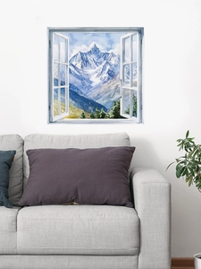 Detail of 3D window wall sticker featuring watercolor snowy mountain landscape in a living room