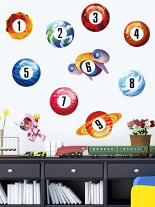 Space-themed educational wall decals with numbers and planets in a kids room setting