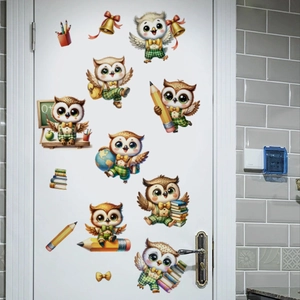 Cartoon school owl wall stickers for children bedroom with books and globe decor