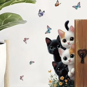 3D cute kittens peeking from a door wall stickers with butterflies for room decor