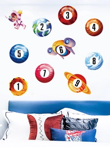 Detailed view of astronaut and colorful numbered planets wall stickers in a child's bedroom