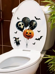 Detail van Halloween toiletdeksel stickers met pompoen skelet ballonnen en vleermuizen