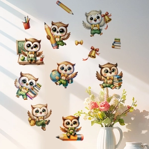 Cartoon owl classroom wall stickers set with school stationery for kids bedroom decor