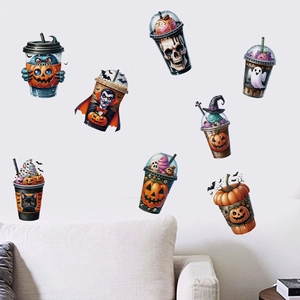 Αυτοκόλλητα ποτών Halloween με κολοκύθα, βρικόλακα και φάντασμα σε γκρι τοίχο