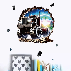3D wall sticker featuring a heavy truck breaking through wall for kids room decor