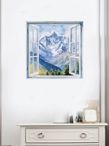 Detailed 3D wall sticker view showing realistic snow mountain forest through window