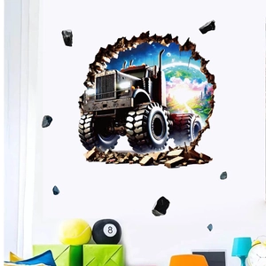 3D wall sticker featuring a heavy truck breaking through a wall with a cosmic background