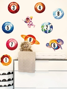 Detailed view of solar system wall stickers with planets and astronauts for kids rooms