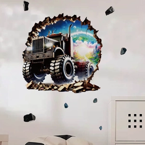 3D wall sticker featuring a heavy truck breaking through a wall with a futuristic city view