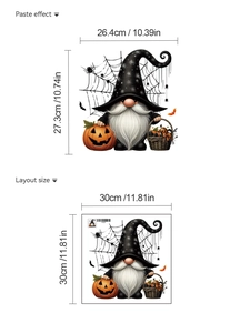 Halloween gnome sticker showing layout size and paste effect on bathroom wall