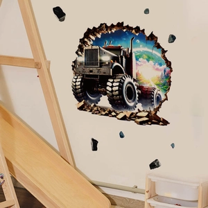 3D monster truck wall sticker with space and city scene for kids bedroom decor