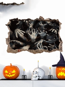 Detailed 3D Halloween wall decal showing pale zombie hands emerging from a cracked wall