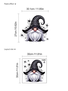 Halloween gnome wall sticker layout showing dimensions 30x30cm and final paste effect