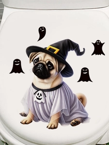 Close-up of pug ghost sticker with wizard hat on a white toilet lid for Halloween decor
