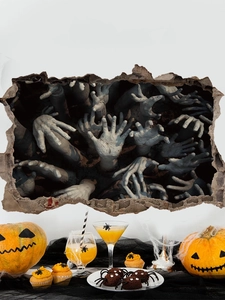 3D Halloween wall decal showing realistic pale ghost hands emerging from a broken wall hole