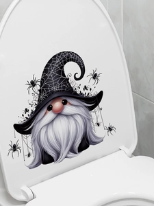 Detailed view of Halloween gnome toilet sticker with spider webs and 3D spiders on a white lid