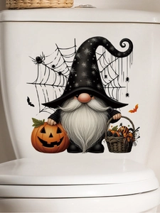 Halloween gnome wall sticker on toilet tank with pumpkin and spider web decor