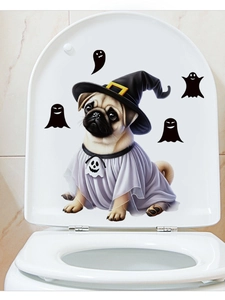 Cute Halloween pug wizard and ghost sticker on white toilet lid for home decoration