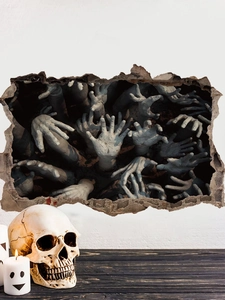 3D horror wall sticker featuring spooky grey arms emerging from a cracked white wall
