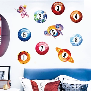 Space themed educational wall stickers with colorful planets and astronaut for kids room