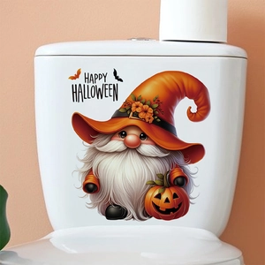Halloween Gnome Toilet Sticker Cartoon Gnome With Pumpkin Bat Happy Halloween Waterproof PVC Wall Decal For Bathroom Decor