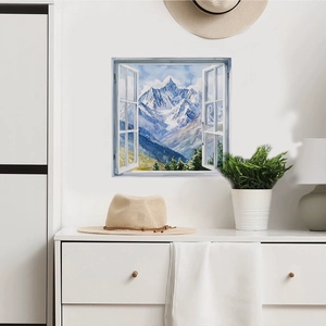 3D snowy mountain landscape window wall decal for home bedroom and living room decor