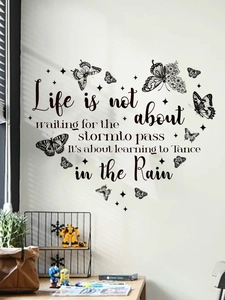 Close-up of black inspirational wall sticker with artistic lettering and butterfly motifs