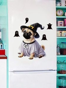 Detail of cute pug ghost and spirits PVC stickers applied to a white kitchen fridge surface