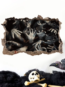 Macro shot of 3D Halloween wall decals showing scary zombie hands on a white wall surface