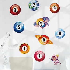 Colorful space exploration themed educational number wall stickers for kids bedroom decor
