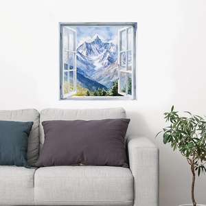 3D snowy mountain landscape wall sticker with window frame effect for home decor