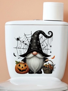 Detailed Halloween wall sticker featuring a gnome with pumpkin and bats on a toilet cover