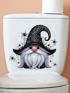 Detail of Halloween gnome toilet decal with white beard, wizard hat, and black spiders
