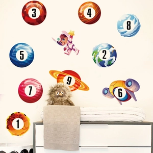 Space exploration wall stickers with numbered planets, astronaut and spaceship for kids