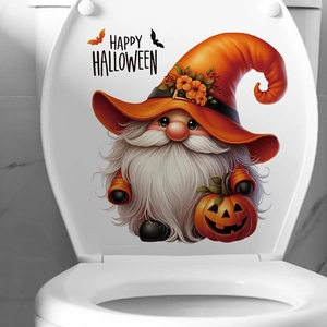 Cartoon gnome Halloween toilet sticker with pumpkin and Happy Halloween text decor