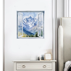 3D window view wall sticker featuring snowy mountain landscape and pine forest