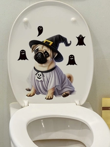 Cute Halloween pug ghost toilet lid sticker with wizard hat and ghost cape decals