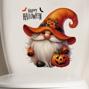 Happy Halloween gnome wall sticker with pumpkin and witch hat on white toilet tank
