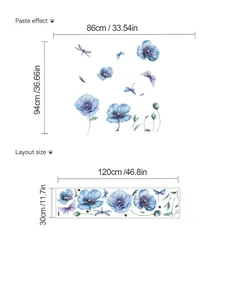 Tabella taglie dettagliata per adesivi murali fiori blu con dimensioni e layout finale