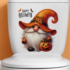 Happy Halloween gnome wall sticker with orange witch hat and pumpkin on white toilet