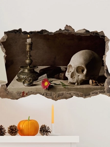 3D wall sticker featuring realistic skull, vintage candle holder and floral detail